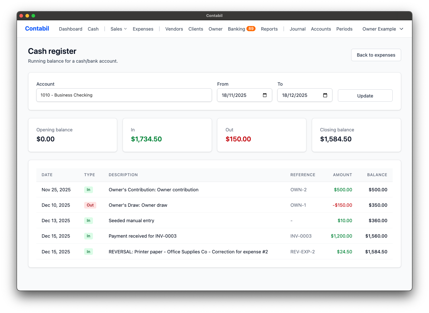 Isafi cash register showing running balance