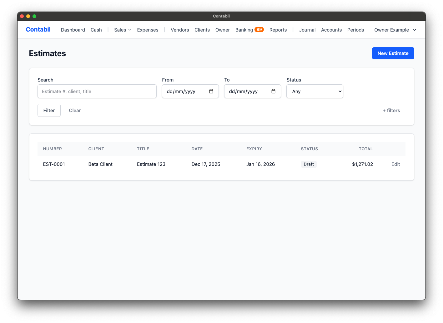 Isafi estimates list with status tracking