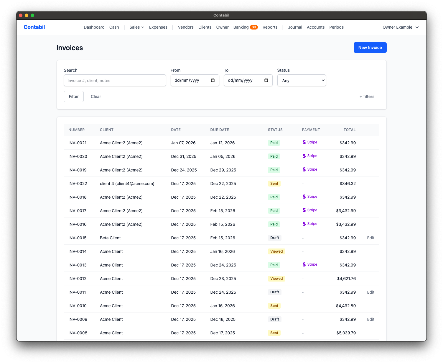 Isafi invoice list with status tracking