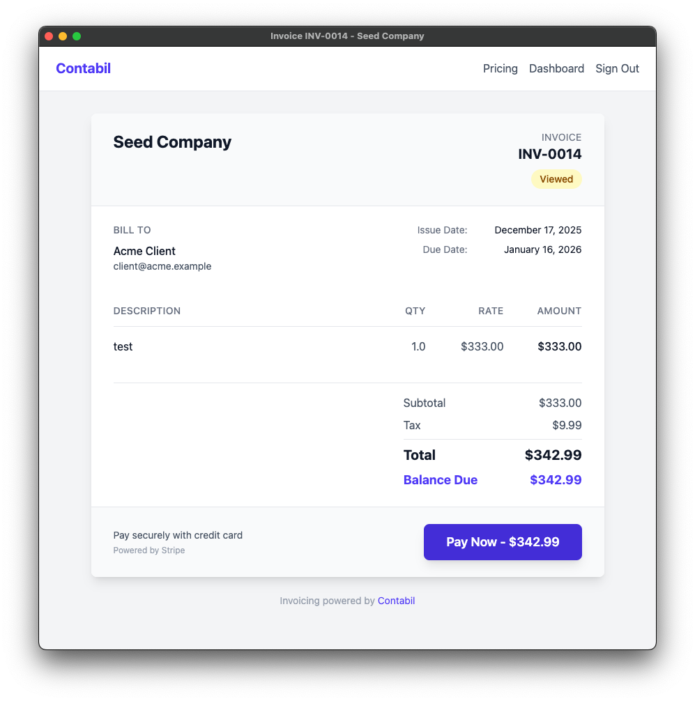 Isafi client payment page with Pay Now button